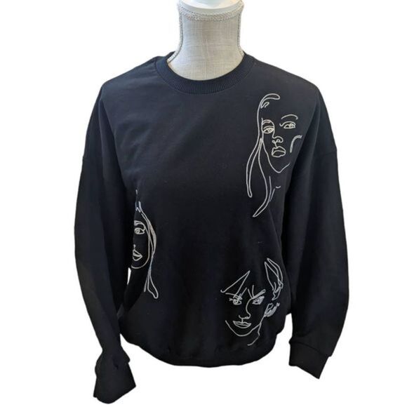 Topshop Sweatshirt Women's Small Black with Sketch Print 100% Cotton Long Sleeve - Picture 1 of 6